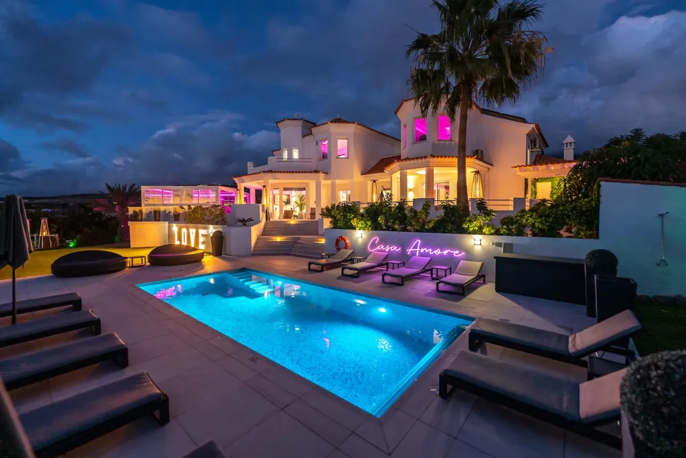 Casa Amore, a fully serviced party villa in Costa Adeje, Tenerife, at dusk