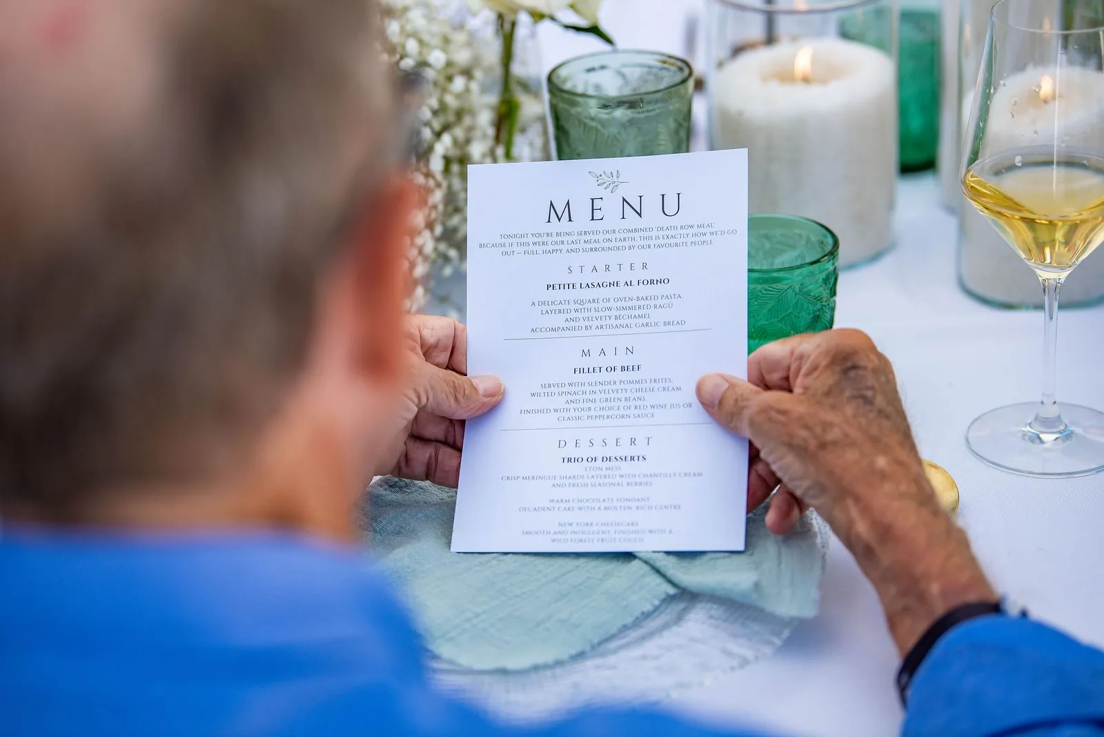 Wedding menu, glassware and flowers on a styled table at Casa Amore Tenerife